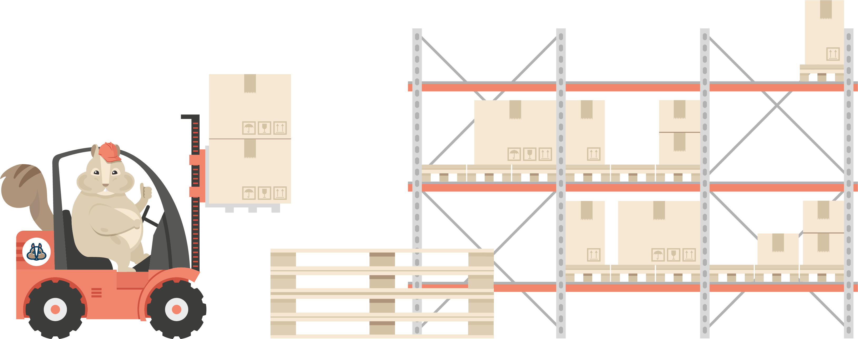 Illustration eines Shipmunks Lagermitarbeiters der mit einem Gabelstapler Pakete in ein Lagerregal einräumt